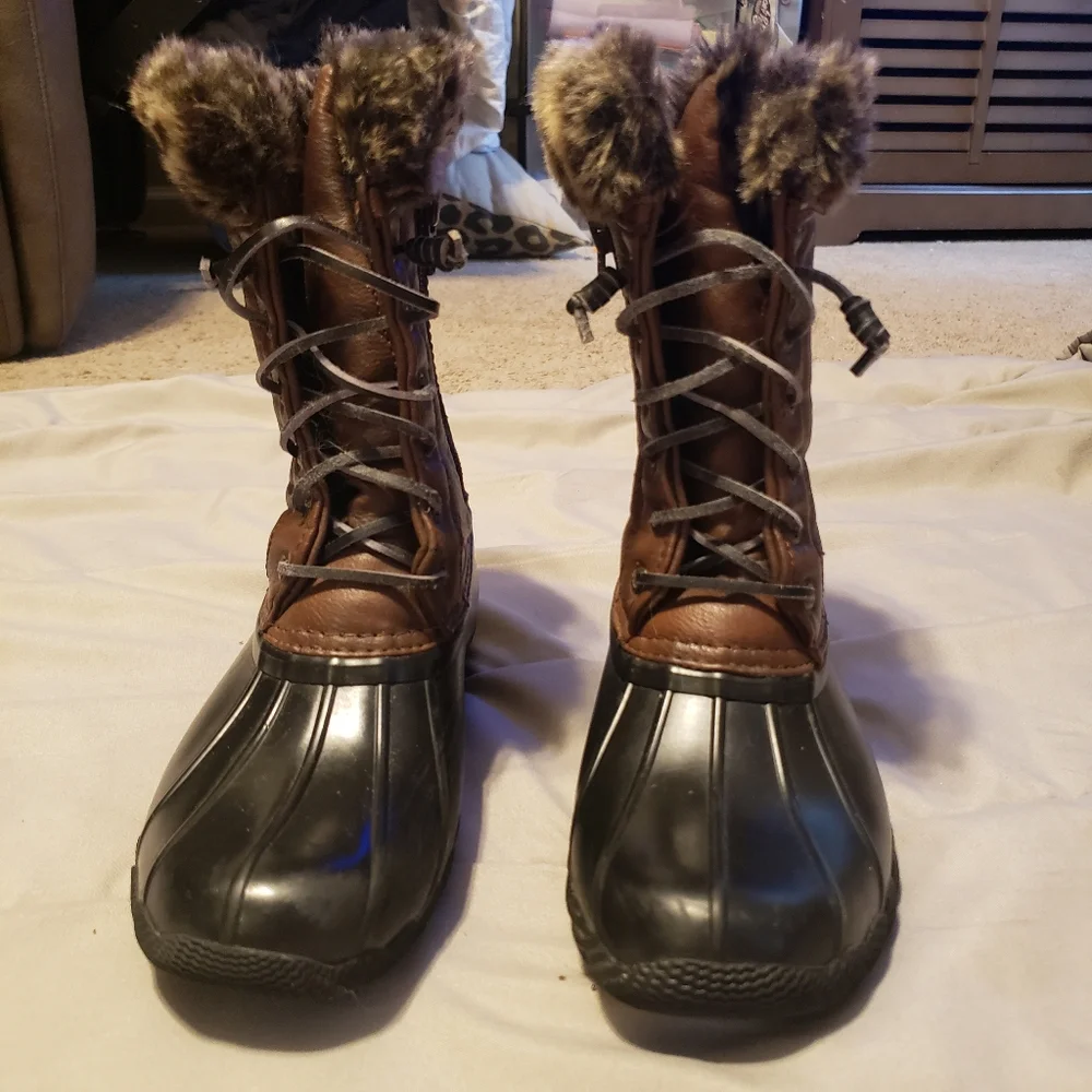 Sperry Girl Brownblack Topsider Saltwater Duck boots fauxfur lining Waterproof 3